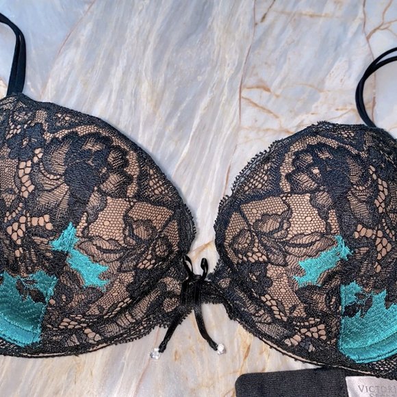 Rare 32B Black Seduction Very Sexy Push-up Bra Green Black